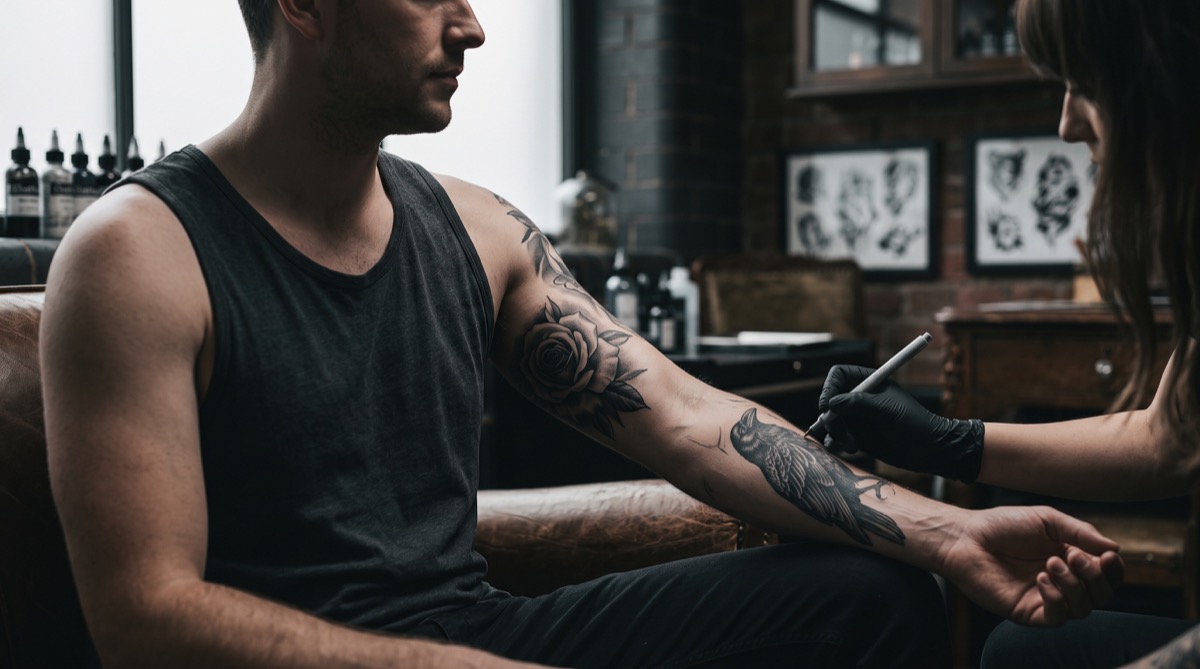 AI-generated cover illustration: Sleeve tattoo: planning a whole arm before the first session