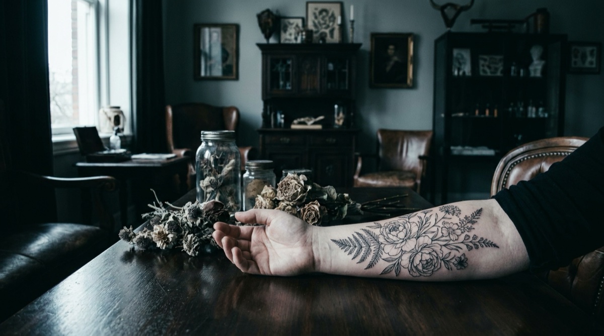 AI-generated cover illustration: Flower Tattoos and Fine Line: A Guide to Botanical Ink