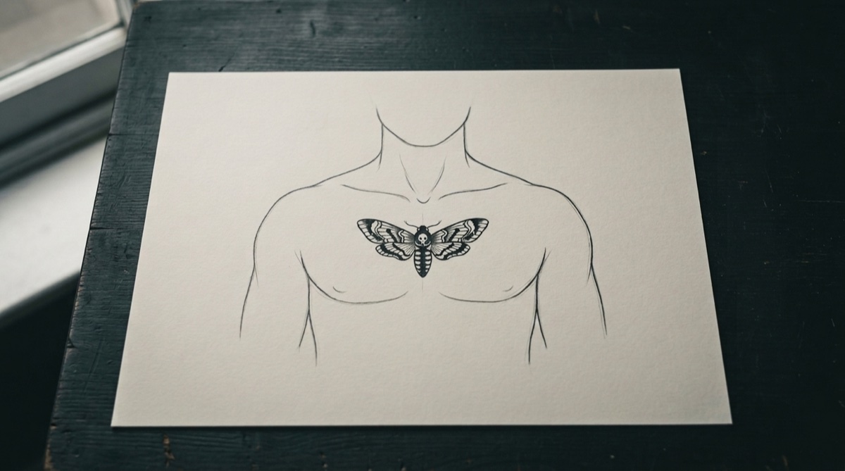 AI-generated cover illustration: Chest Tattoo: Centerline, Neckline and Design Direction