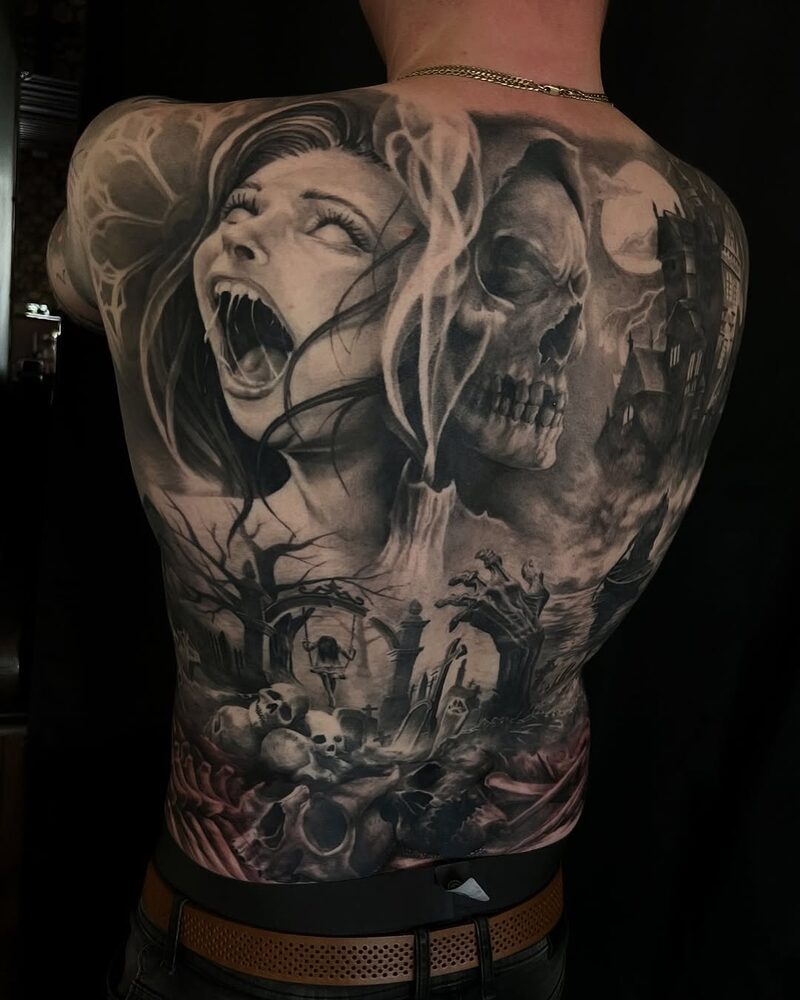 Tuore black & grey -realismiselkätatuointi, tekijänä Jykä, Nero Tattoo Tampere